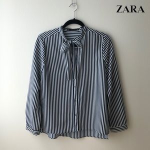 ZARA STRIPED BUTTON DOWN BLOUSE WITH BOW
